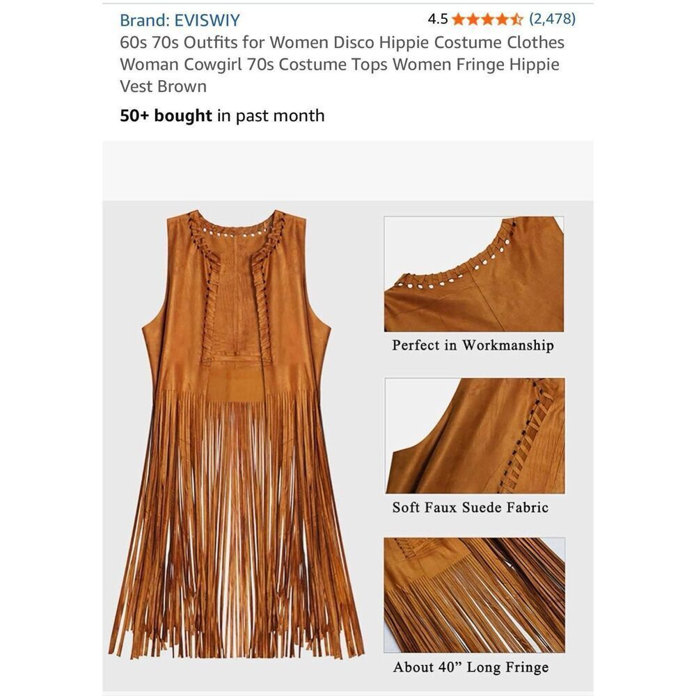 Eviswiy Women's Fringe Disco Hippie Cowgirl 60s 70s Costume Vest Brown Size XL